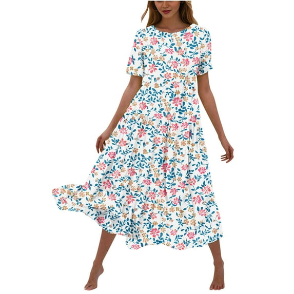 Drses Women's Casual Dresses Women's Flower Printing Casual Short Sleeve Crewneck Dress Casual Flowy Tiered Maxi Beach Dress Short Sleeve Dress for Women Summer