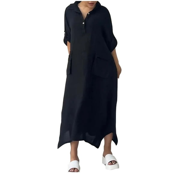 Drses Women's Casual Dresses Women's Half Sleeve Linen Maxi Dresses Casual Loose Plus Size Beach Dress for Women with Pockets