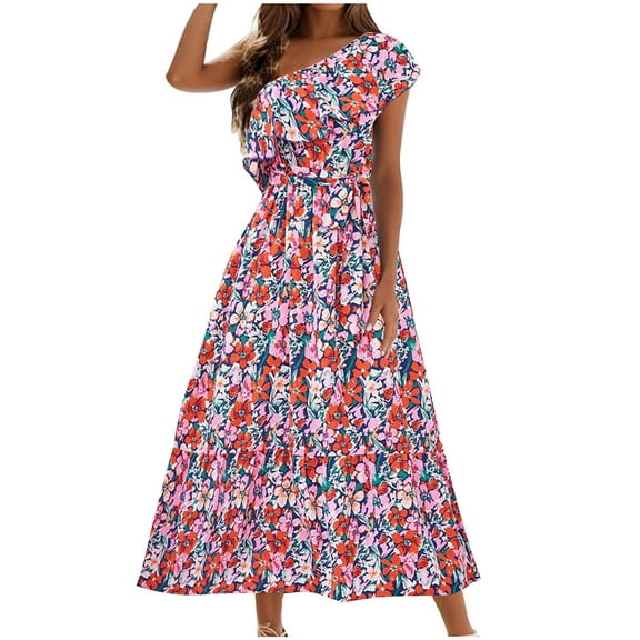 Drses Women's Casual Dresses Women's One Shoulder Maxi Dress Sleeveless Summer Ruffle Boho Floral Print Party Beach A-Line Dresses