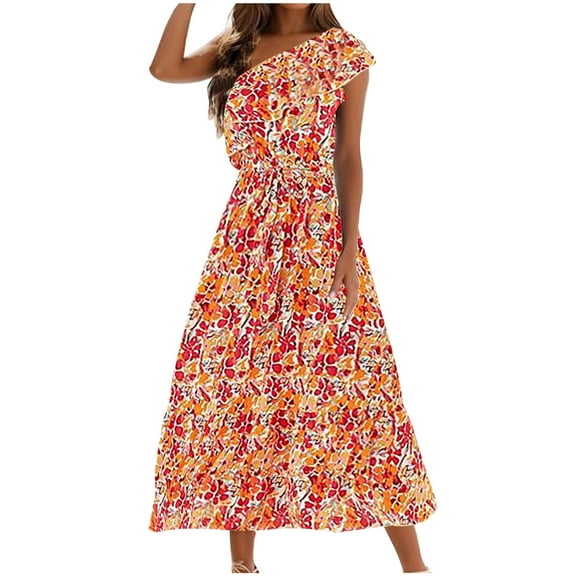 Drses Women's Casual Dresses Women's One Shoulder Maxi Dress Sleeveless Summer Ruffle Boho Floral Print Party Beach A-Line Dresses