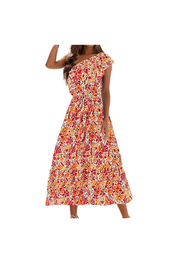 Women's Casual Dresses Women's One Shoulder Maxi Dress Sleeveless Summer Ruffle Boho Floral Print Party Beach A-Line Dresses