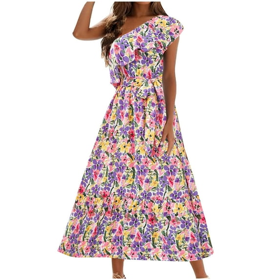 Drses Women's Casual Dresses Women's One Shoulder Maxi Dress Sleeveless Summer Ruffle Boho Floral Print Party Beach A-Line Dresses
