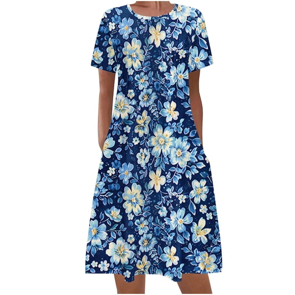 Drses Women's Casual Dresses Women's Summer Bohemian Print Short Sleeve Beach Dress Knee Length Dress Short Sleeve Dress for Women Summer