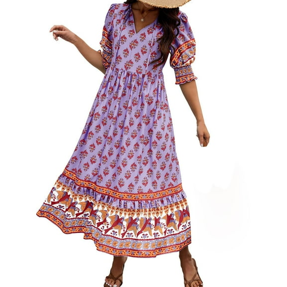 Drses Women's Casual Dresses Women's Summer Bohemian V-neck Lace Up Fashion Printed Lantern Sleeves High Waist Large Hem Dress Short Sleeve Dress for Women Summer