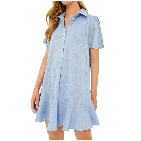 Drses Women's Casual Dresses Women's Summer Solid Color Lapel Short Sleeved Buttoned Open Chest Pleated Ruffled Dress Short Skirt Short Sleeve Dress for Women Summer