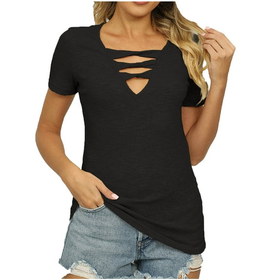 Drses Women's Casual Dressy Short Sleeve T-Shirts - Criss Cross V Neck, Slim Tops