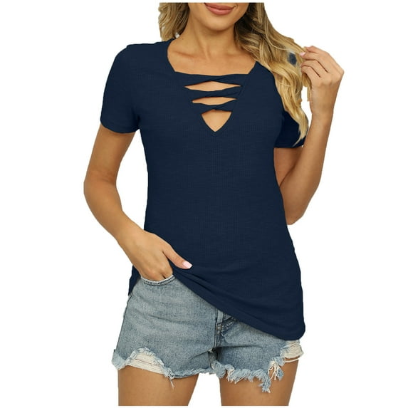 Drses Women's Casual Dressy Short Sleeve T-Shirts - Criss Cross V Neck, Slim Tops
