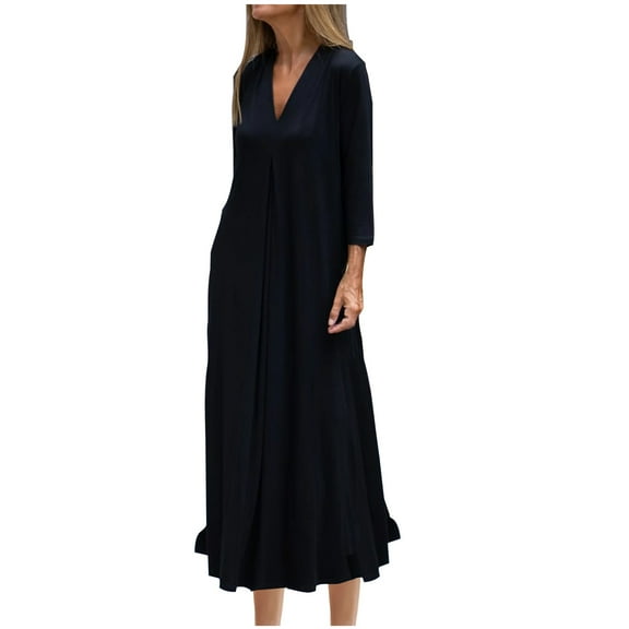 Drses Women's Casual Long Dresses Elegant Flowy Swing V Neck Long Sleeve Semi Formal Cotton Maxi Shirt Dress
