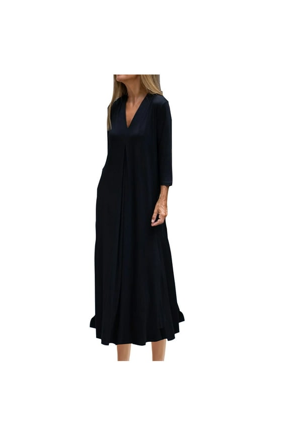 Women's Casual Long Dresses Elegant Flowy Swing V Neck Long Sleeve Semi Formal Cotton Maxi Shirt Dress