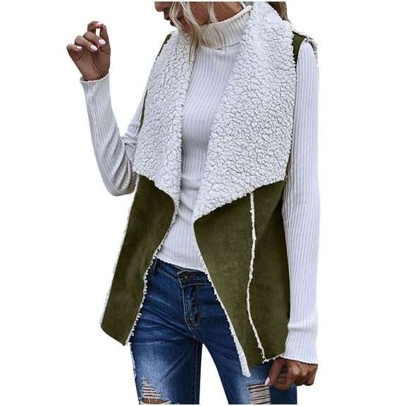 Drses Women's Casual Open Front Lapel Faux Suede Sleeveless Fleece Vest Jacket Coat