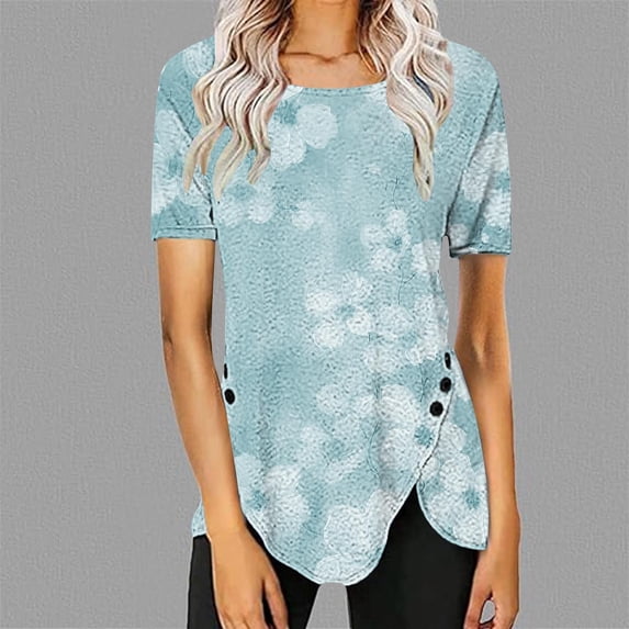 Drses Women's Casual Round Neck Casual irregular Hem Button Printed Short Sleeved Top Short Sleeved Round Neck Top/Shirt