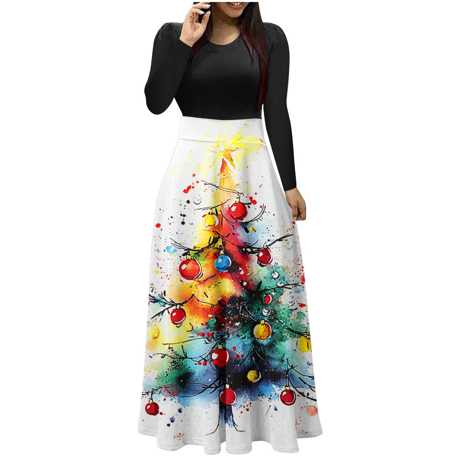 Drses Women's Christmas Patchwork Maxi Dress | Empire Waist Long Sleeve Party  Dress | Full Length Elegant Pullover with Pockets - Walmart.com