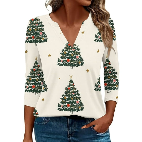 Drses Women's Christmas Print V-Neck Blouse | 3/4 Sleeve Loose Fit T-Shirt | Holiday Party & Casual Graphic Top | Cute Tree Print Tee
