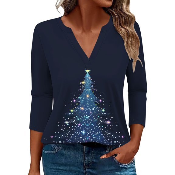 Drses Women's Christmas Print V-Neck Blouse | 3/4 Sleeve Loose Fit T-Shirt | Holiday Party & Casual Graphic Top | Cute Tree Print Tee