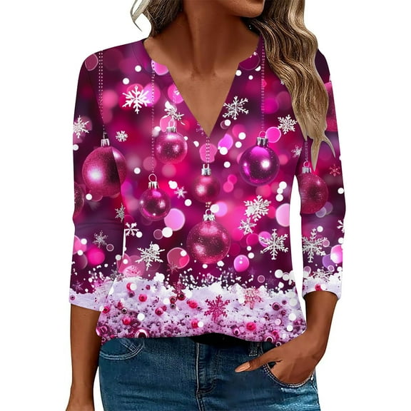 Drses Women's Christmas Print V-Neck Blouse | 3/4 Sleeve Loose Fit T-Shirt | Holiday Party & Casual Graphic Top | Cute Tree Print Tee