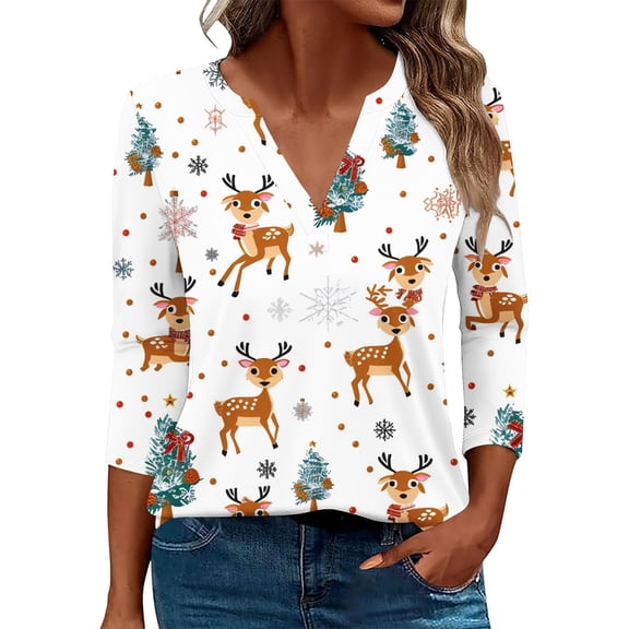 Drses Women's Christmas Print V-Neck Blouse | 3/4 Sleeve Loose Fit T-Shirt | Holiday Party & Casual Graphic Top | Cute Tree Print Tee