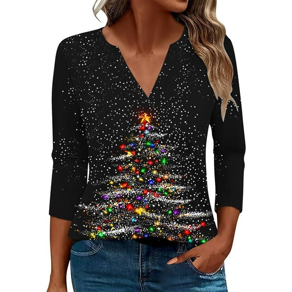 Drses Women's Christmas Print V-Neck Blouse | 3/4 Sleeve Loose Fit T-Shirt | Holiday Party & Casual Graphic Top | Cute Tree Print Tee