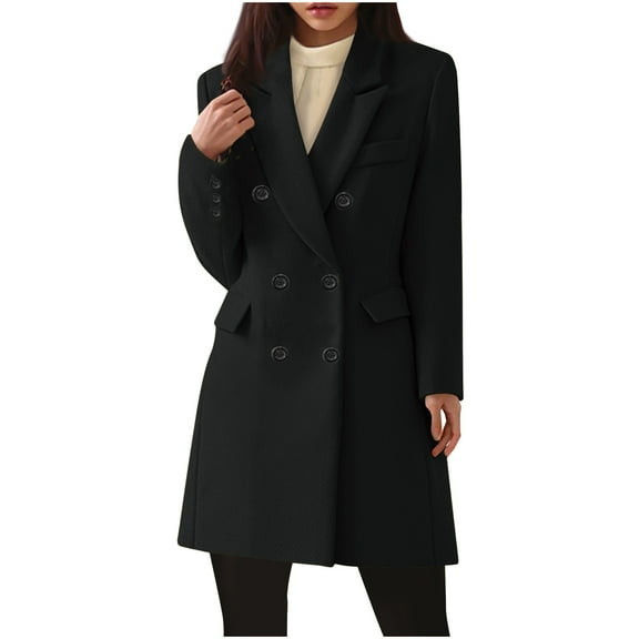 Drses Women's Classic Notched Lapel Double-Breasted Warm Pea Coat Overcoat with Pockets