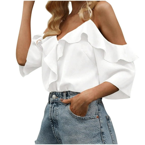 Drses Women's Cold Shoulder Ruffle Blouse - Short Sleeve V-Neck Casual Suspenders Top