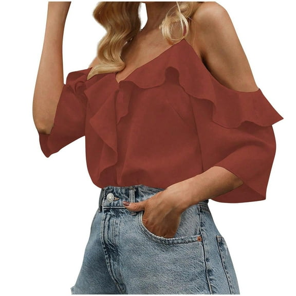 Drses Women's Cold Shoulder Ruffle Blouse - Short Sleeve V-Neck Casual Suspenders Top