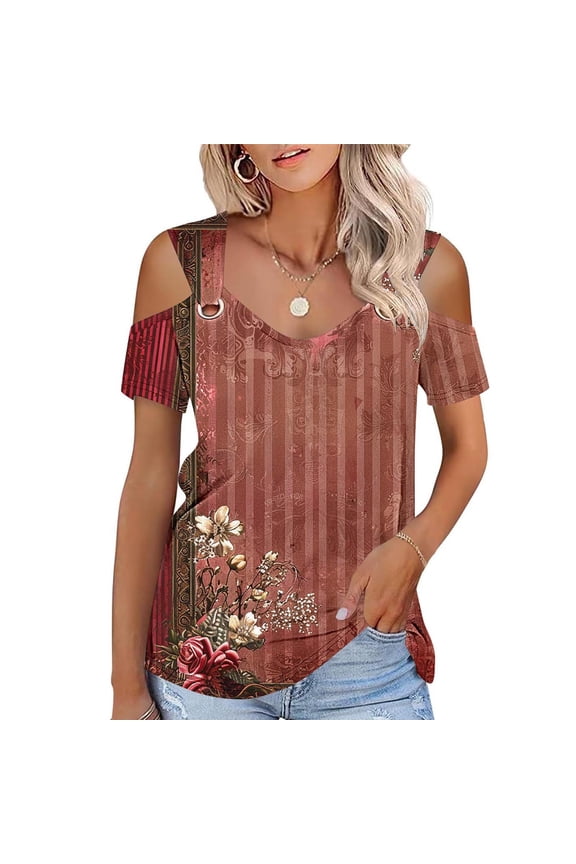 Women's Cold Shoulder Short Sleeve Tops V Neck Summer Shirts Casual Ladies Tees