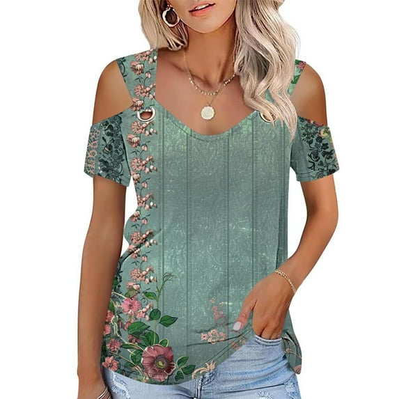 Drses Women's Cold Shoulder Short Sleeve Tops V Neck Summer Shirts Casual Ladies Tees