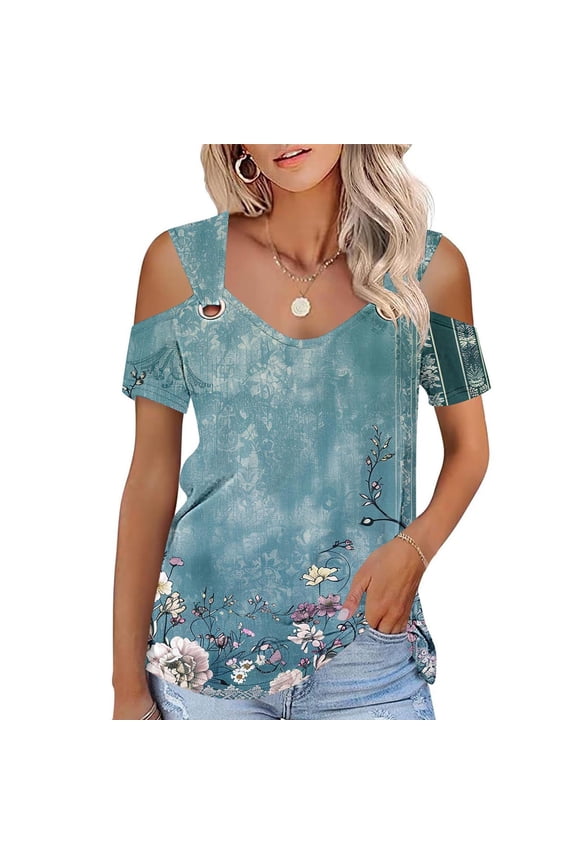 Women's Cold Shoulder Short Sleeve Tops V Neck Summer Shirts Casual Ladies Tees