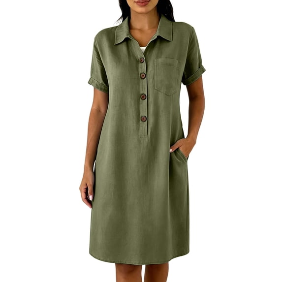 Drses Women's Collared Button Down Cotton Linen Shirt Dress, Short Sleeve Knee Length Tunic Dress with Pockets for Beach Work Spring Fall Travel