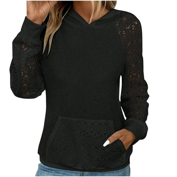 Drses Women's Contrast Lace Long Raglan Sleeve Stretch Kangaroo Pockets Hoodie Sweatshirts