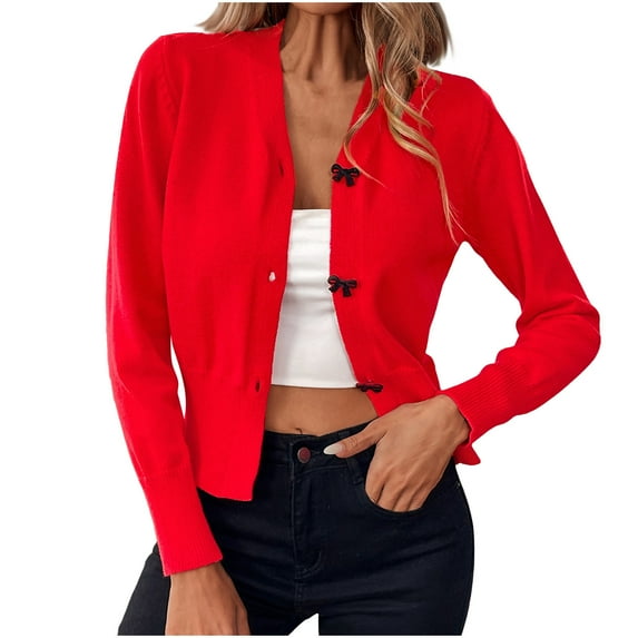 Drses Women's Crew Neck Button Down Long Sleeve Solid Knit Classic Cardigan Sweater