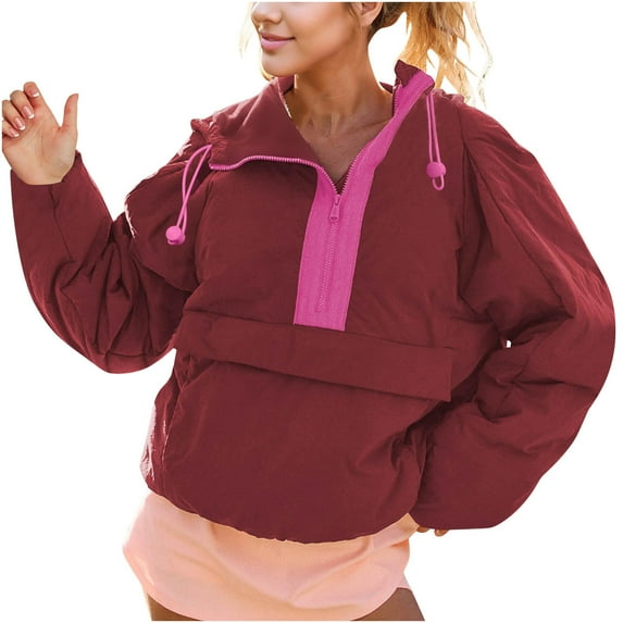 Drses Women's Crew Neck Pullover Puffer Jacket - Long Sleeve with Half Zip and Hood
