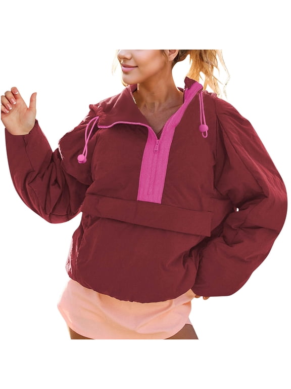 Women's Crew Neck Pullover Puffer Jacket - Long Sleeve with Half Zip and Hood