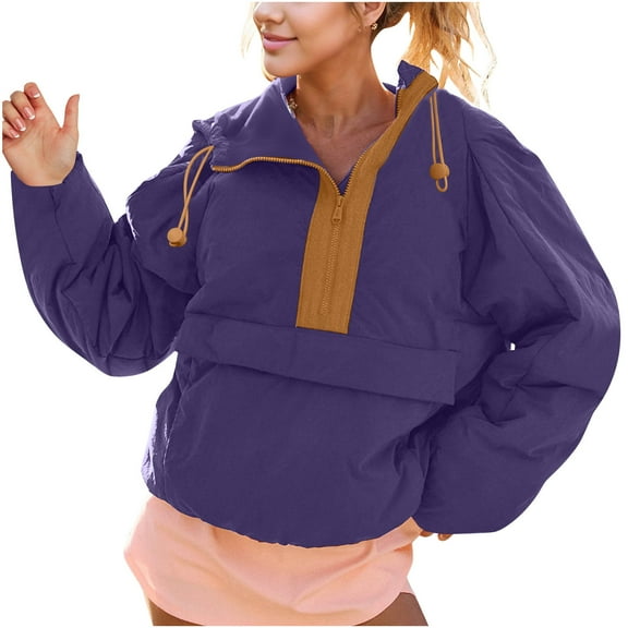 Drses Women's Crew Neck Pullover Puffer Jacket - Long Sleeve with Half Zip and Hood