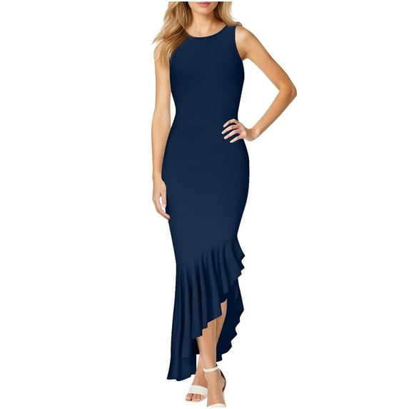 Drses Women's Crew Neck Sleeveless Bodycon Maxi Dress - Mermaid Cut with Ruffle Hem for Evening Cocktail Party