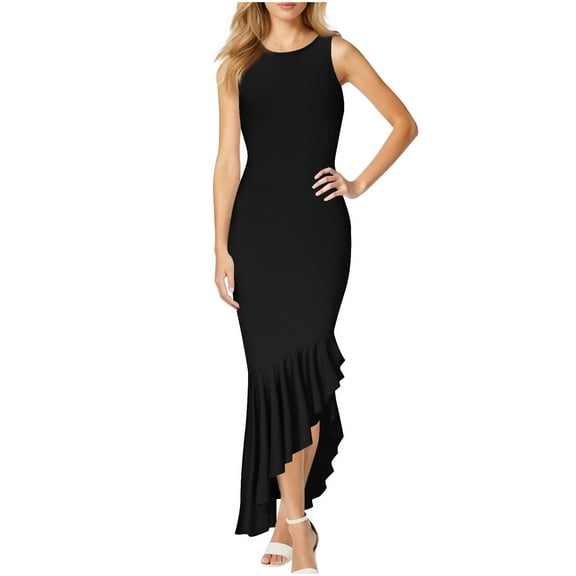 Drses‌‌ ‌‌‌‌‌‌‌‌‌‌‌‌‌Women's Crew Neck Sleeveless Bodycon Maxi Dress - Mermaid Cut with Ruffle Hem for Evening Cocktail Party