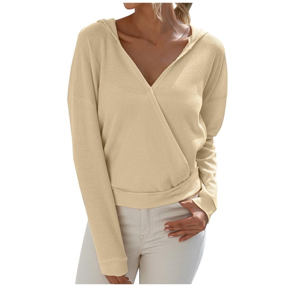 Drses Women's Deep V Neck Wrap Front Hooded Long Sleeve Crochet Knit Sweater - Casual Fashion Pullover Jumper Top