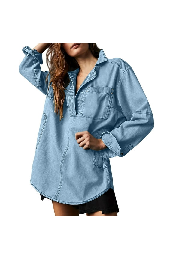 Women's Denim Pullover Casual Button V Neck Blouse Loose Fit Long Sleeve Jean Jacket With Pocket