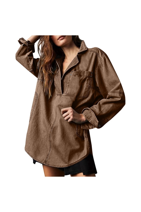 Women's Denim Pullover Casual Button V Neck Blouse Loose Fit Long Sleeve Jean Jacket With Pocket