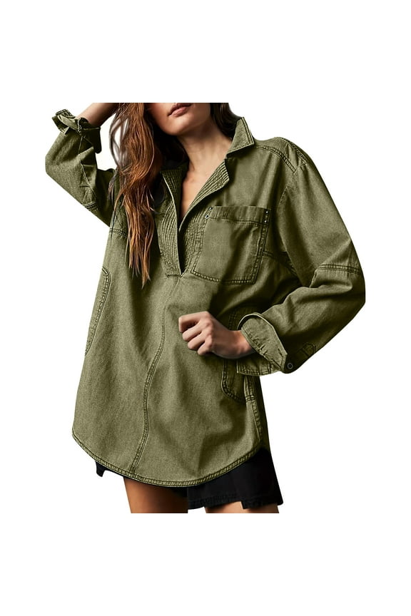 Women's Denim Pullover Casual Button V Neck Blouse Loose Fit Long Sleeve Jean Jacket With Pocket