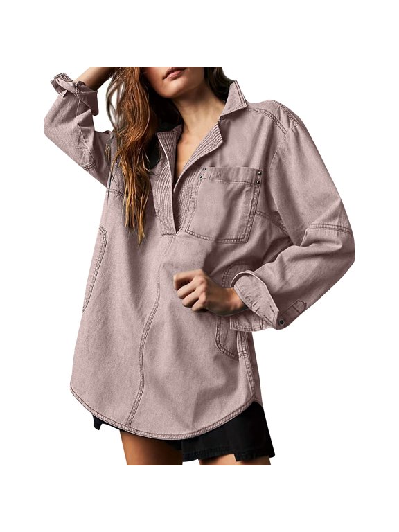 Women's Denim Pullover Casual Button V Neck Blouse Loose Fit Long Sleeve Jean Jacket With Pocket