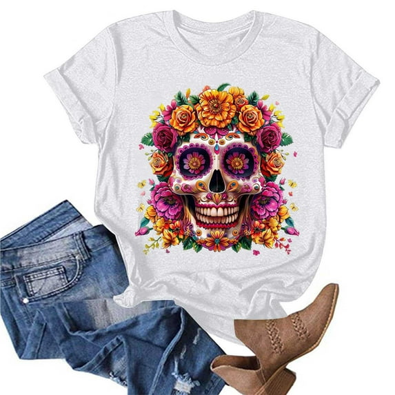 Drses Women's Dia De Los Muertos T-Shirt - Sugar Skull & Skeleton Graphic Short Sleeve Tee for Day of The Dead (Sizes S - 2XL)