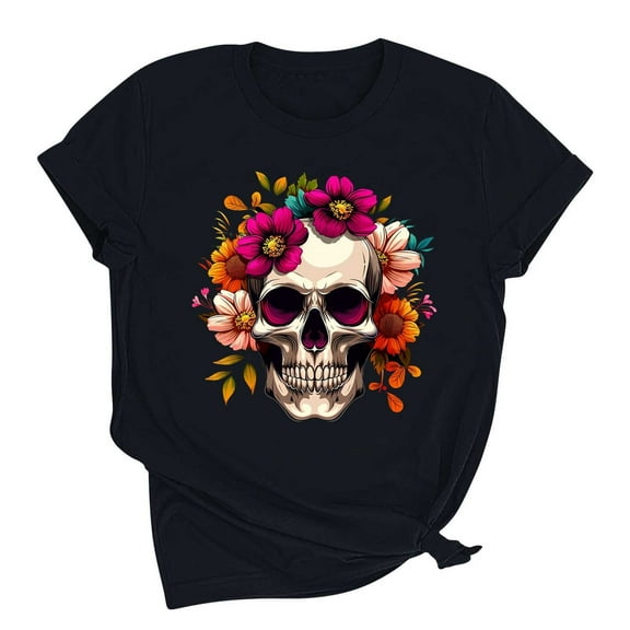 Drses Women's Dia De Los Muertos T-Shirt - Sugar Skull & Skeleton Graphic Short Sleeve Tee for Day of The Dead (Sizes S - 2XL)