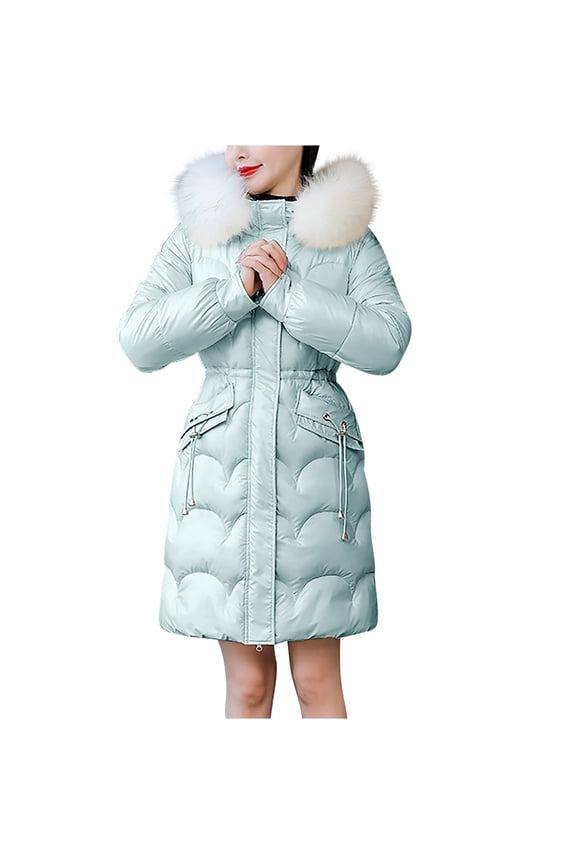 Women's Drawstring Waist Puffer Jacket with Fur Trim Hood Casual Quilted Warm Padded Down Coats Thick Winter Outerwear