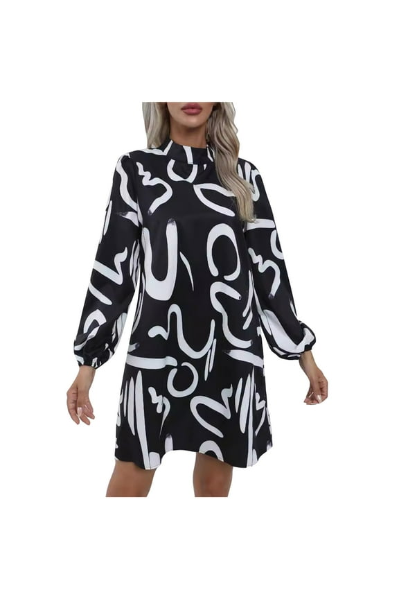 Women's Dress Graphic Print Mock Neck Lantern Sleeve MIdi Dress Stand Collar Long Sleeve Women's Clothing