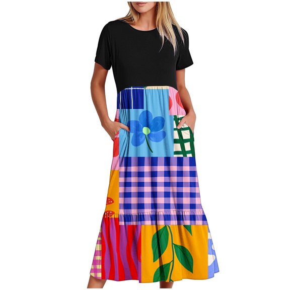 Drses Women's Empire Waist Short Sleeve Maxi Dress Floral Printed Pocket Round Neck Casual Boho Beach Sundress