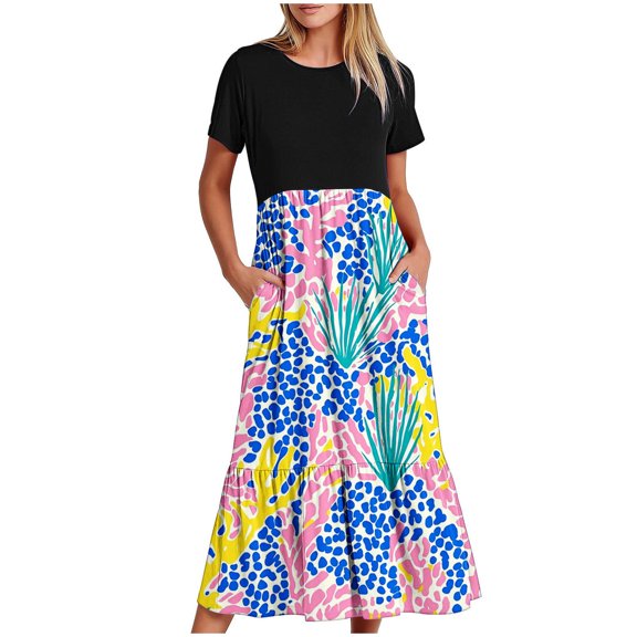 Drses‌‌ ‌‌‌‌‌‌‌‌‌‌‌‌‌‌‌‌‌‌‌‌‌‌‌‌‌‌‌‌‌‌‌‌‌‌‌‌‌‌‌‌‌‌‌‌‌‌‌‌‌‌‌‌‌‌‌‌‌‌‌Women's Empire Waist Short Sleeve Maxi Dress Floral Printed Pocket Round Neck Casual Boho Beach Sundress‌