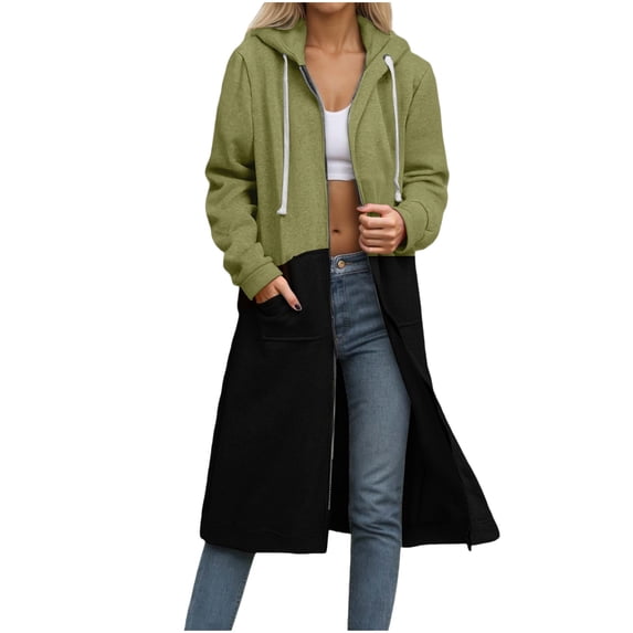 Drses Women's Fall And Winter Loose Zipper Long Cardigan Patchwork Hooded Sweatshirt Jacket