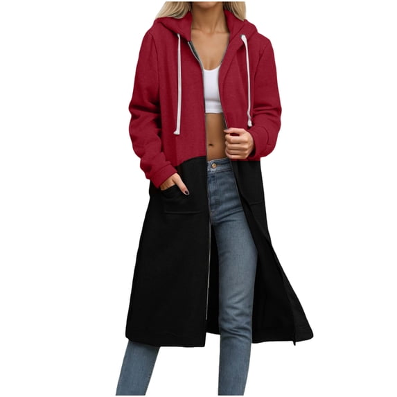 Drses Women's Fall And Winter Loose Zipper Long Cardigan Patchwork Hooded Sweatshirt Jacket