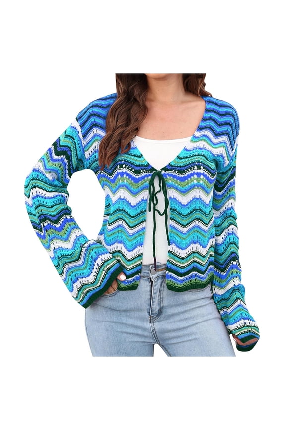 Women's Fall Rainbow Cardigan - Color Block Striped Long Sleeve Open Front Knit Sweater Coat