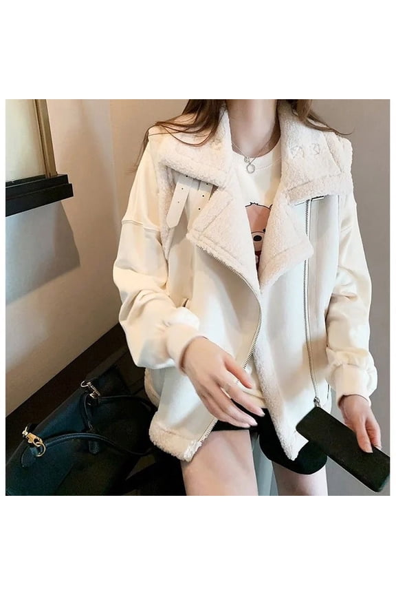 Women's Faux Shearing Moto Jacket Thick Lined Parka Winter Shearling Coat Leather Jacket